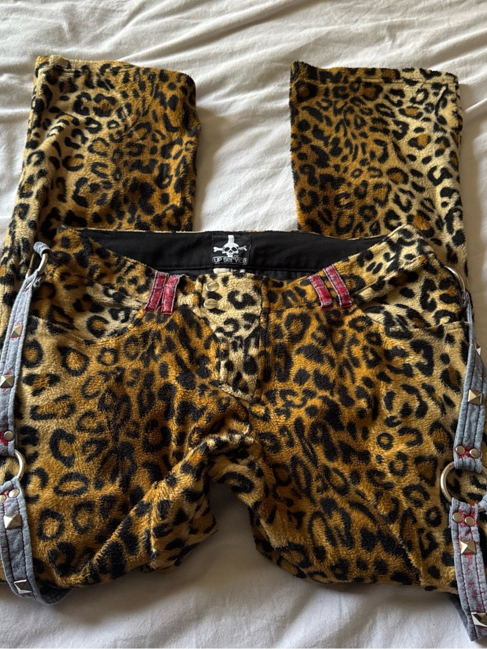 Rare Lip Service 2004 Red ‘King’s Leopard’ Faux Leather Low Rise Bondage Pants